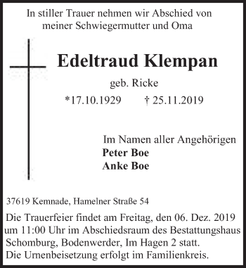 Traueranzeige von Edeltraud Klempan von Deister- und Weserzeitung