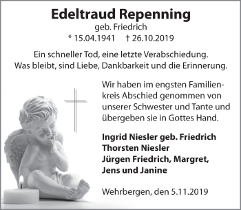 Traueranzeige von Edeltraud Repenning von Deister- und Weserzeitung