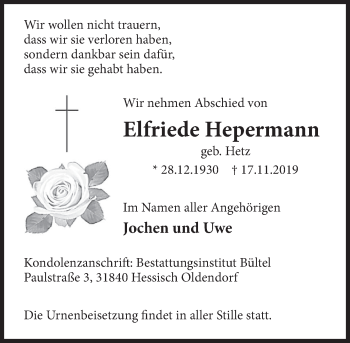 Traueranzeige von Elfriede Hepermann von Deister- und Weserzeitung