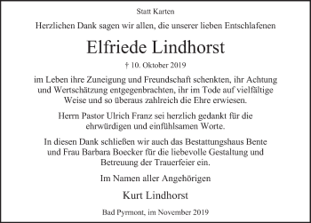 Traueranzeige von Elfriede Lindhorst von Deister- und Weserzeitung