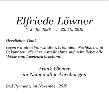 Traueranzeige von Elfriede Löwner von Deister- und Weserzeitung