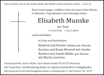 Traueranzeige von Elisabeth Munske von Deister- und Weserzeitung
