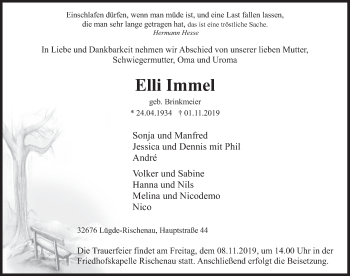 Traueranzeige von Elli Immel von Deister- und Weserzeitung