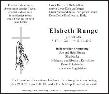Traueranzeige von Elsbeth Runge von Deister- und Weserzeitung