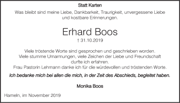 Traueranzeige von Erhard Boos von Deister- und Weserzeitung