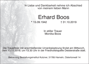 Traueranzeige von Erhard Boos von Deister- und Weserzeitung