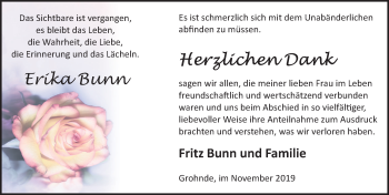 Traueranzeige von Erika Bunn von Deister- und Weserzeitung