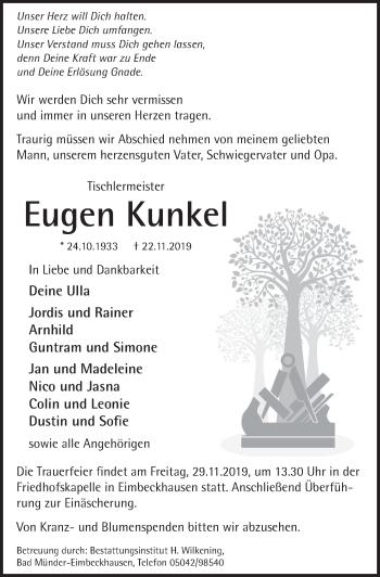 Traueranzeige von Eugen Kunkel von Neue Deister-Zeitung