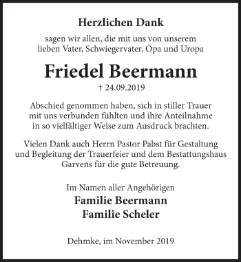 Traueranzeige von Friedel Beermann von Deister- und Weserzeitung