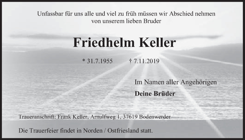  Traueranzeige für Friedhelm Keller vom 16.11.2019 aus Deister- und Weserzeitung