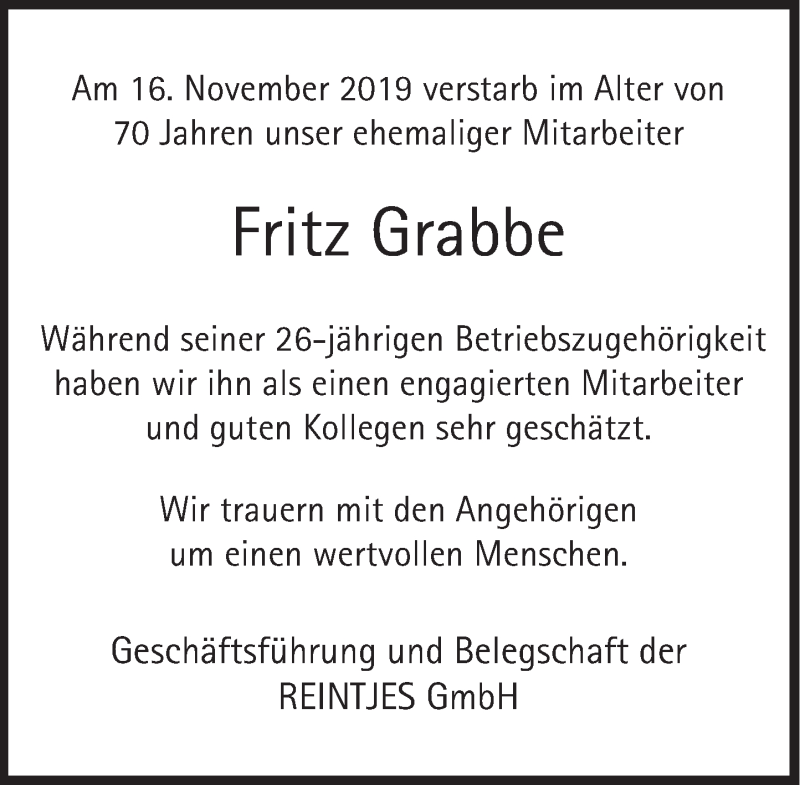  Traueranzeige für Fritz Grabbe vom 29.11.2019 aus Deister- und Weserzeitung