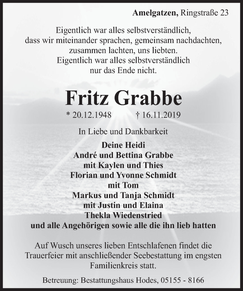  Traueranzeige für Fritz Grabbe vom 23.11.2019 aus Deister- und Weserzeitung