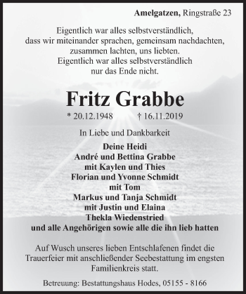Traueranzeige von Fritz Grabbe von Deister- und Weserzeitung