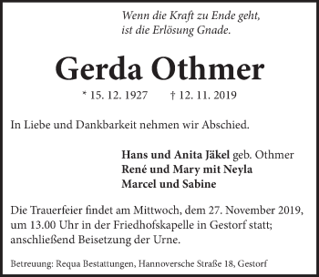 Traueranzeige von Gerda Othmer 