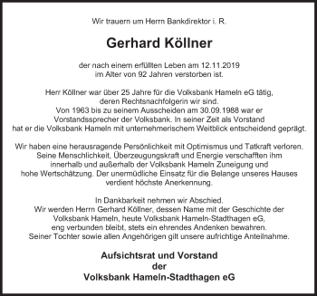 Traueranzeige von Gerhard Köllner von Deister- und Weserzeitung