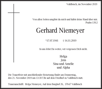 Traueranzeige von Gerhard Niemeyer von Deister- und Weserzeitung