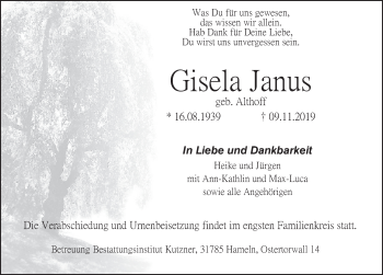 Traueranzeige von Gisela Janus von Deister- und Weserzeitung