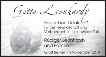Traueranzeige von Gitta Leonhardy von Deister- und Weserzeitung