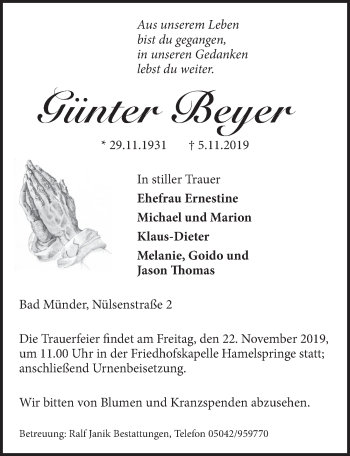 Traueranzeige von Günter Beyer 