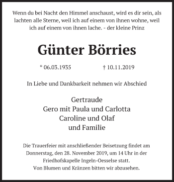 Traueranzeige von Günter Börries von Deister- und Weserzeitung