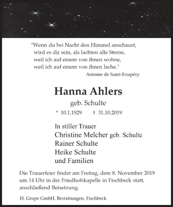 Traueranzeige von Hanna Ahlers von Deister- und Weserzeitung
