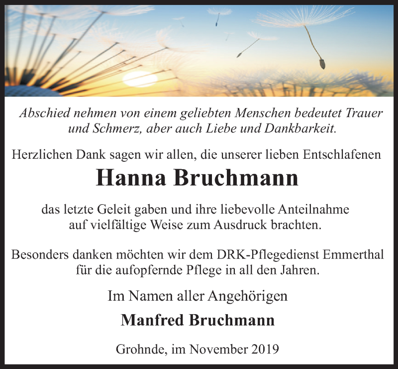  Traueranzeige für Hanna Bruchmann vom 16.11.2019 aus Deister- und Weserzeitung