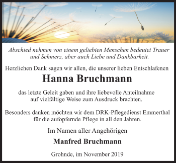 Traueranzeige von Hanna Bruchmann von Deister- und Weserzeitung
