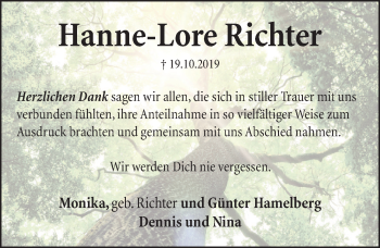 Traueranzeige von Hanne-Lore Richter von Neue Deister-Zeitung