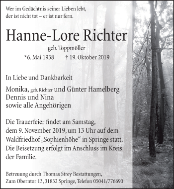 Traueranzeige von Hanne-Lore Richter 