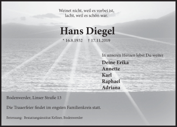 Traueranzeige von Hans Diegel von Deister- und Weserzeitung
