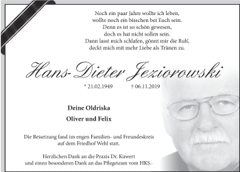 Traueranzeige von Hans-Dieter Jeziorowski von Deister- und Weserzeitung