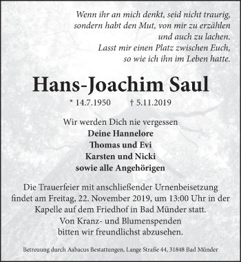 Traueranzeige von Hans-Joachim Saul 
