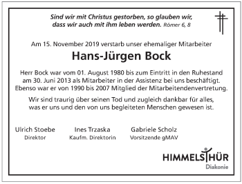 Traueranzeige von Hans-Jürgen Bock von Deister- und Weserzeitung