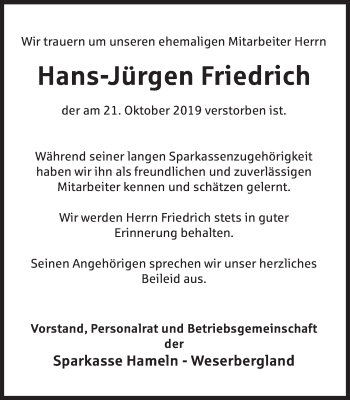 Traueranzeige von Hans-Jürgen Friedrich von Deister- und Weserzeitung