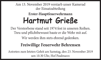 Traueranzeige von Hartmut Grieße von Deister- und Weserzeitung