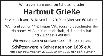 Traueranzeige von Hartmut Grieße von Deister- und Weserzeitung