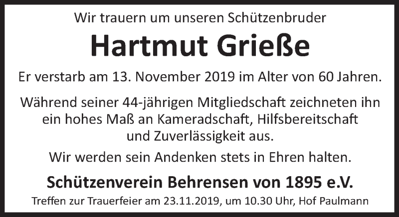  Traueranzeige für Hartmut Grieße vom 21.11.2019 aus Deister- und Weserzeitung