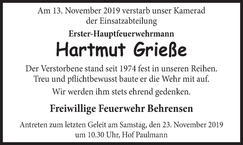  Traueranzeige für Hartmut Grieße vom 21.11.2019 aus Deister- und Weserzeitung