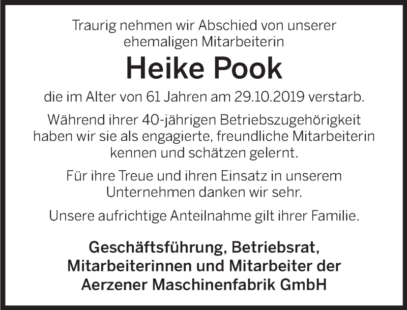  Traueranzeige für Heike Pook vom 11.11.2019 aus Deister- und Weserzeitung