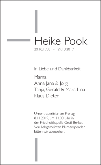 Traueranzeige von Heike Pook von Deister- und Weserzeitung