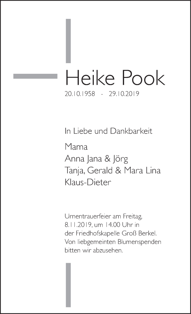  Traueranzeige für Heike Pook vom 06.11.2019 aus Deister- und Weserzeitung