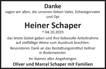 Traueranzeige von Heiner Schaper von Deister- und Weserzeitung