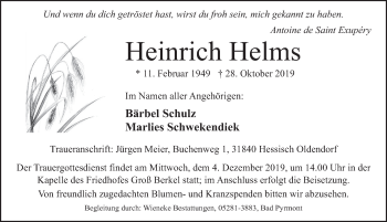 Traueranzeige von Heinrich Helms von Deister- und Weserzeitung