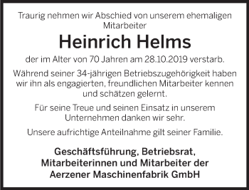 Traueranzeige von Heinrich Helms von Deister- und Weserzeitung