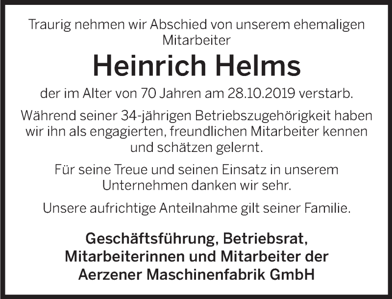  Traueranzeige für Heinrich Helms vom 02.12.2019 aus Deister- und Weserzeitung