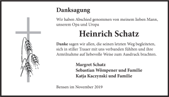 Traueranzeige von Heinrich Schatz von Deister- und Weserzeitung