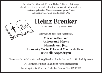Traueranzeige von Heinz Brenker von Deister- und Weserzeitung