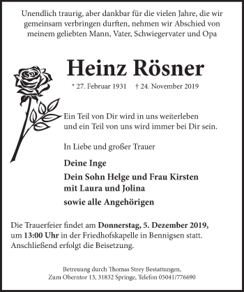 Traueranzeige von Heinz Rösner von Neue Deister-Zeitung
