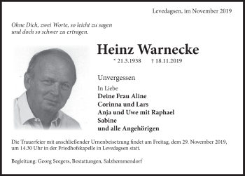 Traueranzeige von Heinz Warnecke von Deister- und Weserzeitung