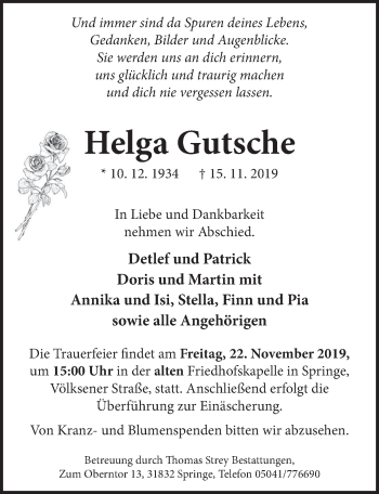 Traueranzeige von Helga Gutsche von Neue Deister-Zeitung